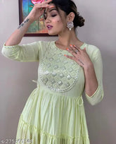 Heavy embroidery rayon lurex yoke and gota lace long gown, full flare with tassels